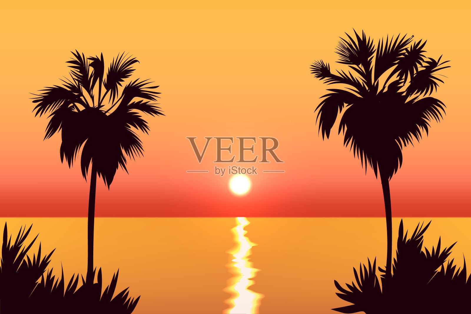 两棵棕榈树的剪影在日落或日出的海滨风景插画图片素材
