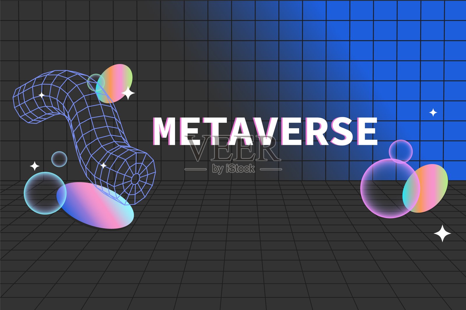 元宇宙：蒸汽波风格和线框元素中的扁平矢量背景插画图片素材