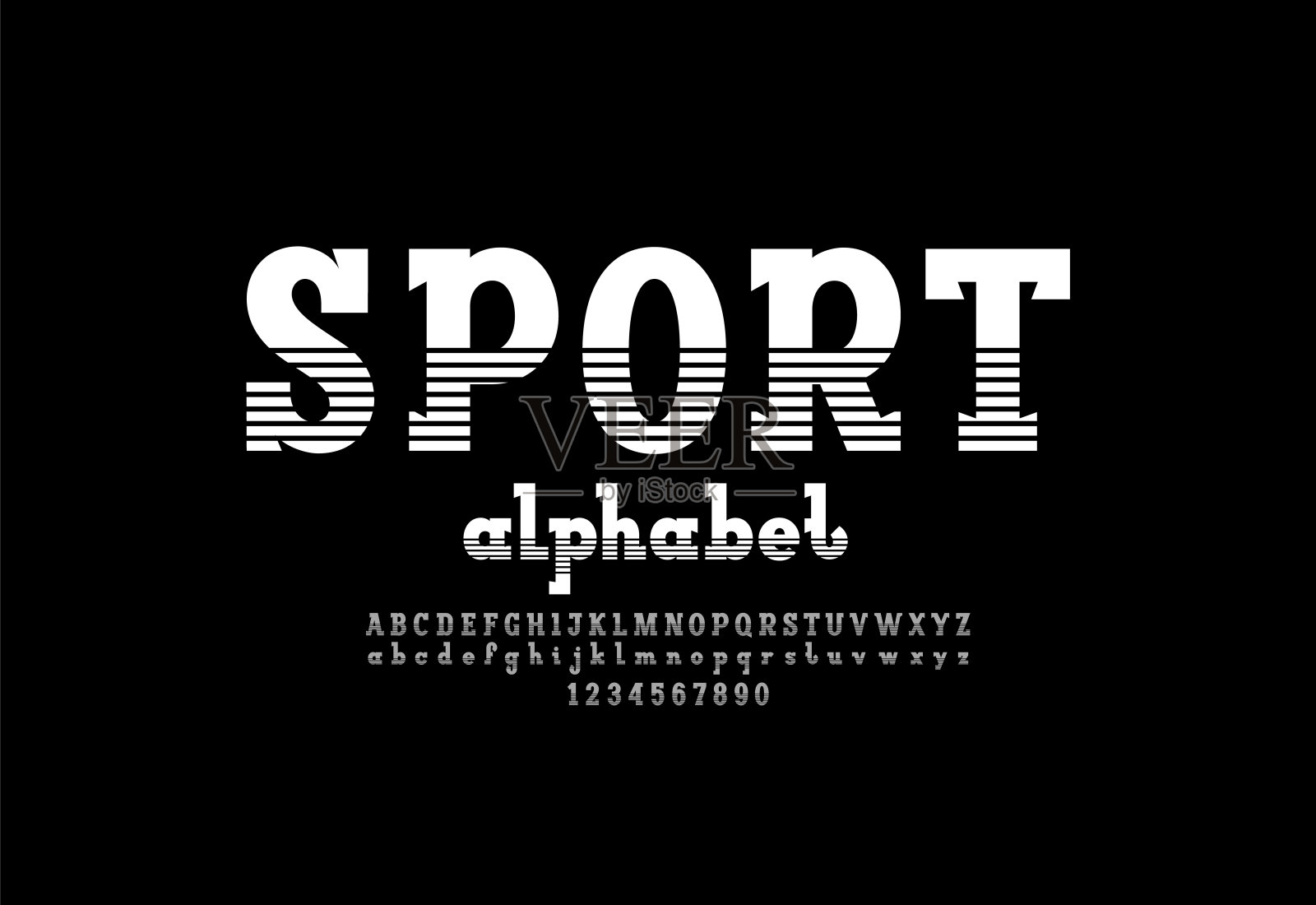 时髦的字体，平板衬线字母，大写和小写字母和数字制成条纹风格设计元素图片