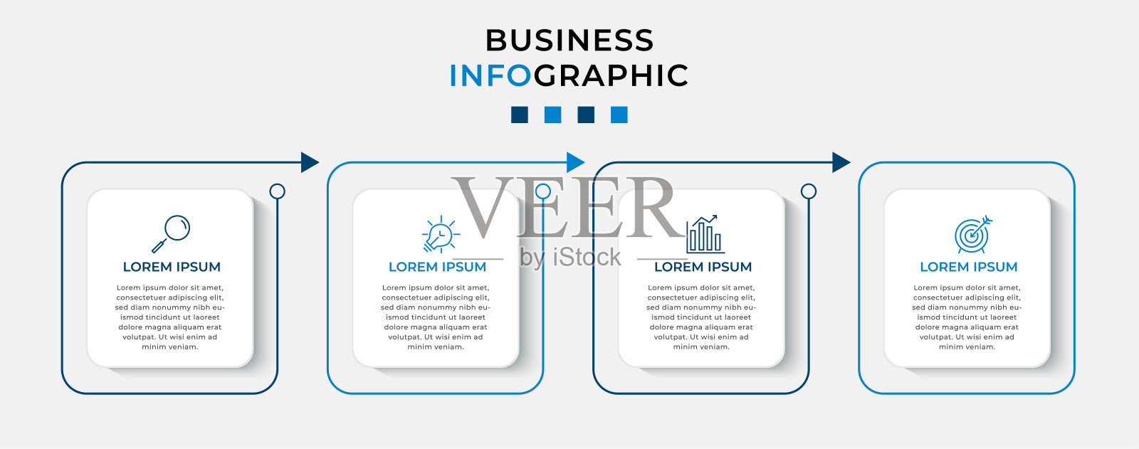 矢量信息图设计业务模板与图标和4个选项或步骤。可用于流程图、演示文稿、工作流布局、横幅、流程图、信息图插画图片素材