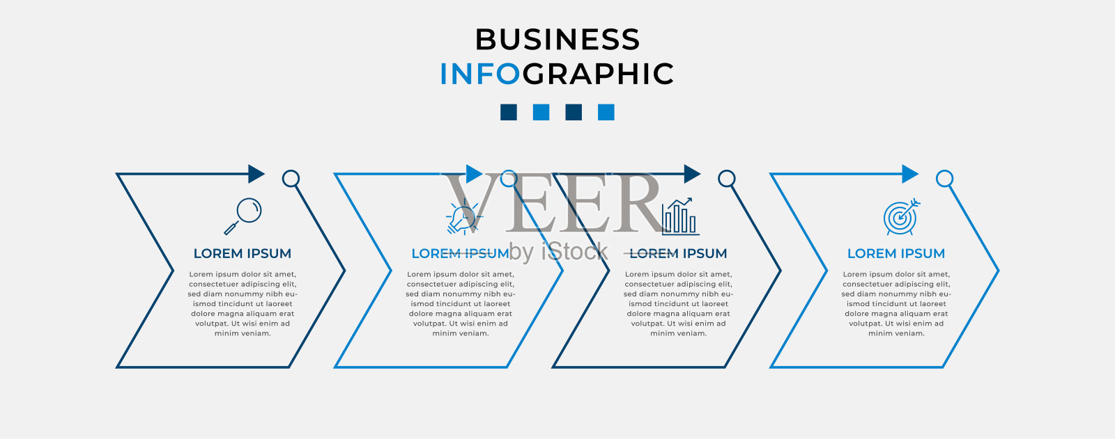 矢量信息图设计业务模板与图标和4个选项或步骤。可用于流程图、演示文稿、工作流布局、横幅、流程图、信息图插画图片素材