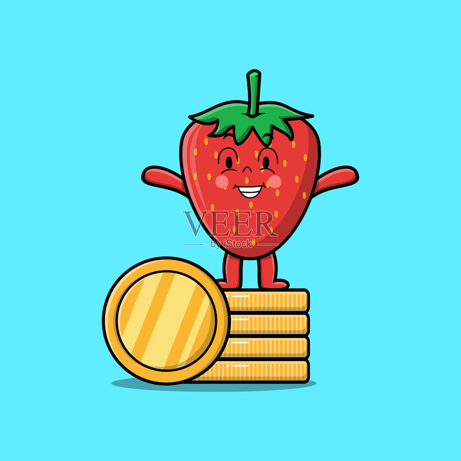 可爱的卡通草莓摊堆叠金币插画图片素材