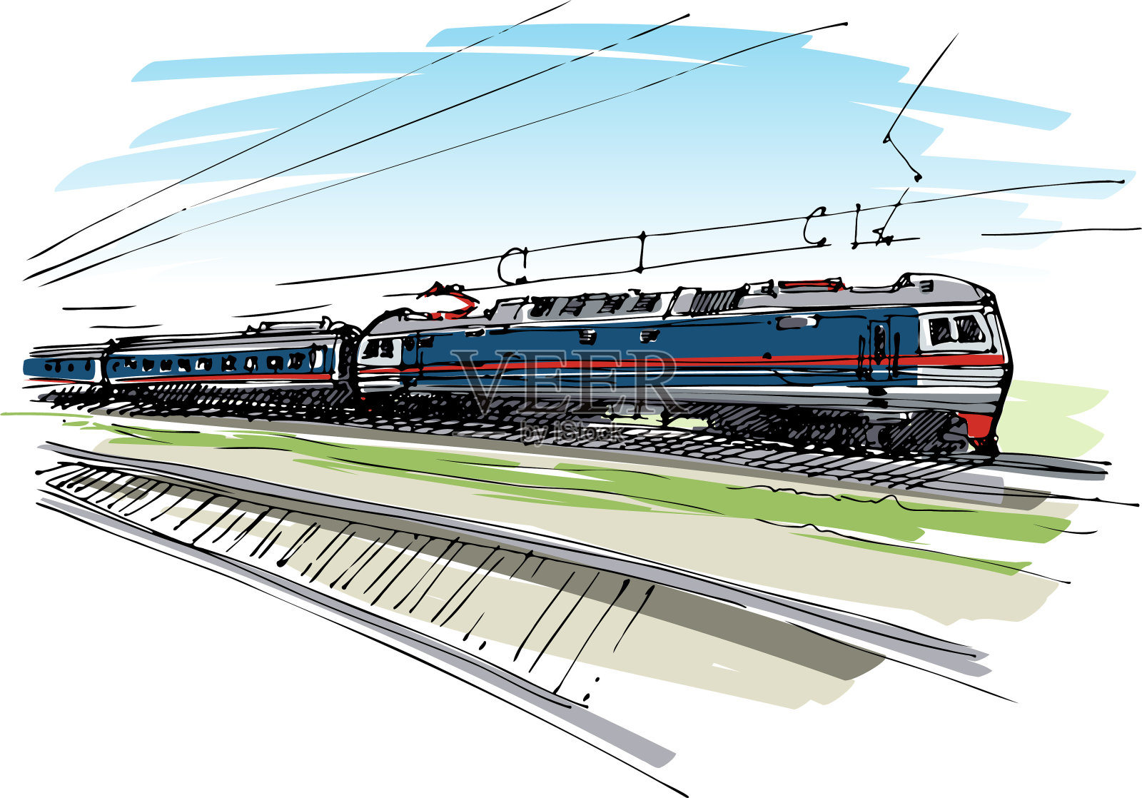 火车头载火车车厢-手绘草图插画图片素材