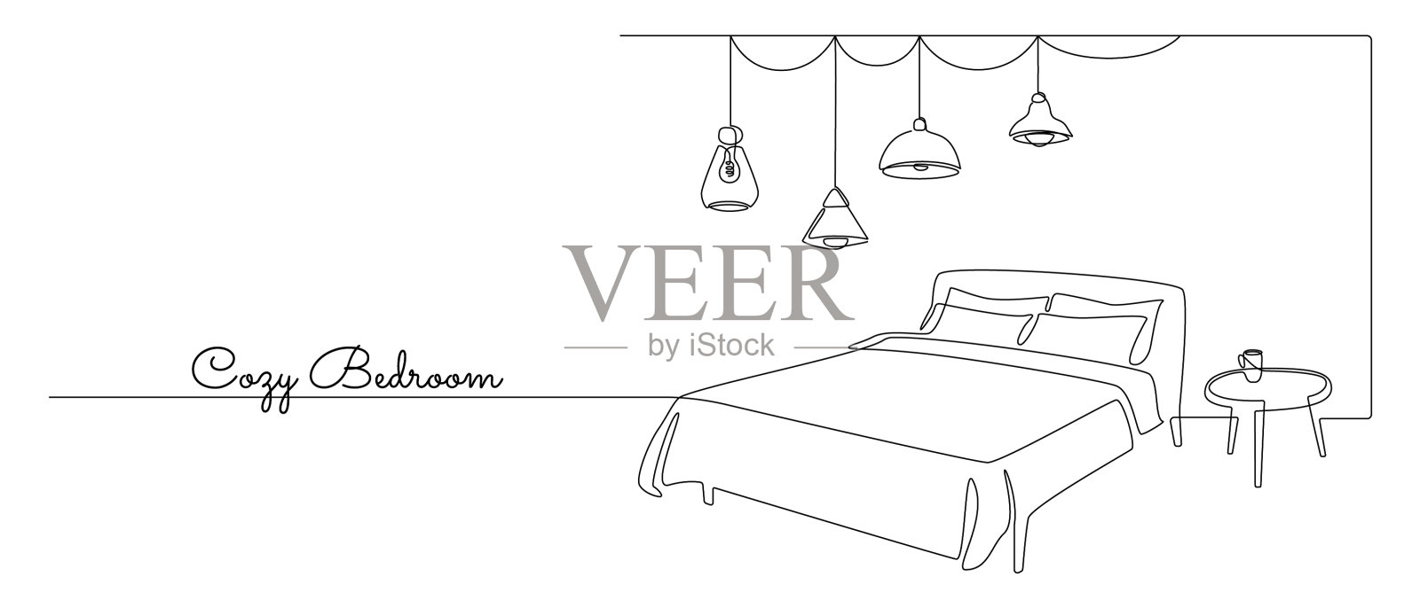 连续单线绘制床和桌子用插画图片素材