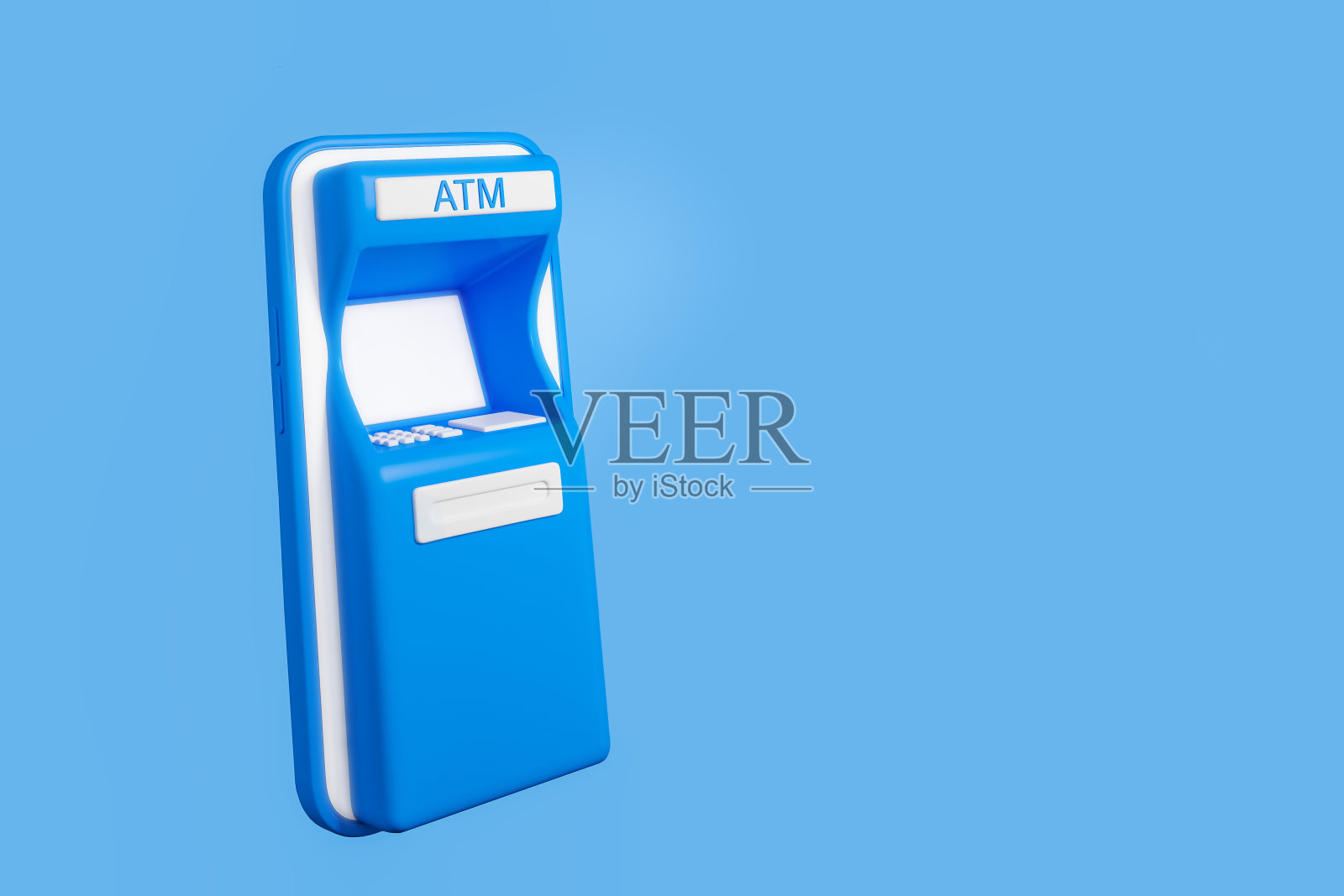 蓝色背景的智能手机和ATM银行。模型显示照片摄影图片