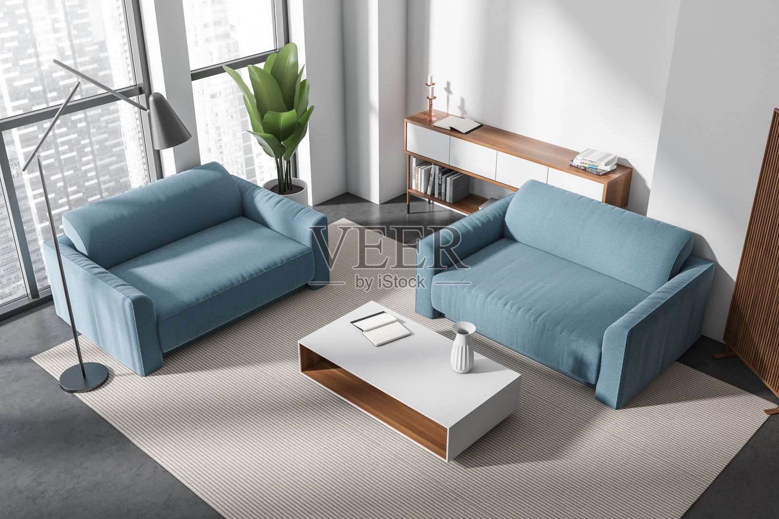 俯瞰现代休闲室内沙发和装饰，窗户照片摄影图片