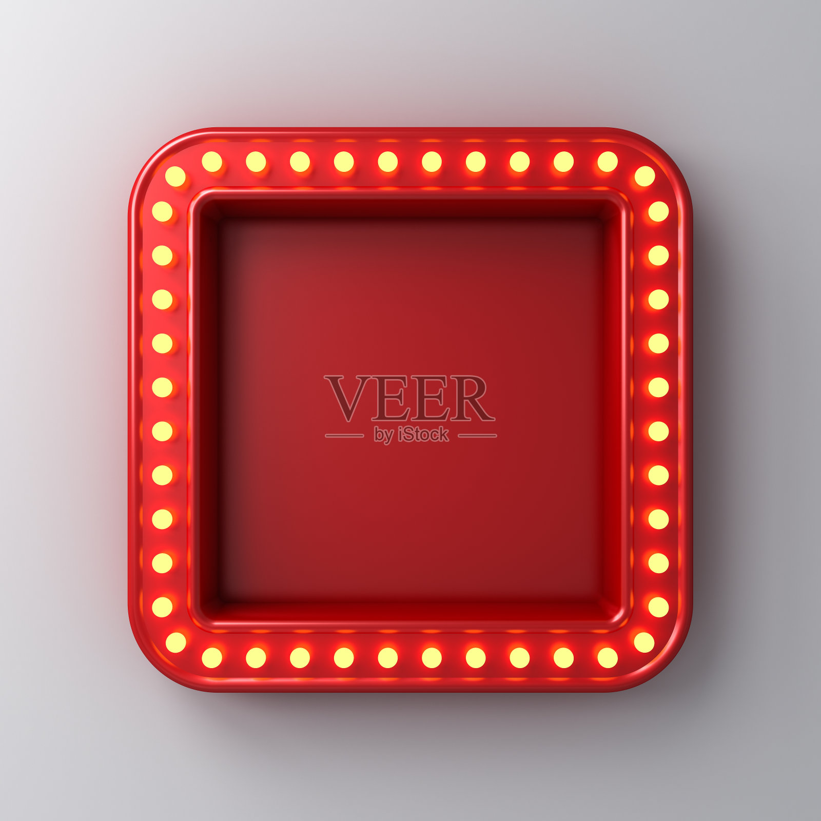 复古红色方形霓虹灯广告牌与黄色灯泡孤立在白色灰色的墙背景与阴影3D渲染照片摄影图片