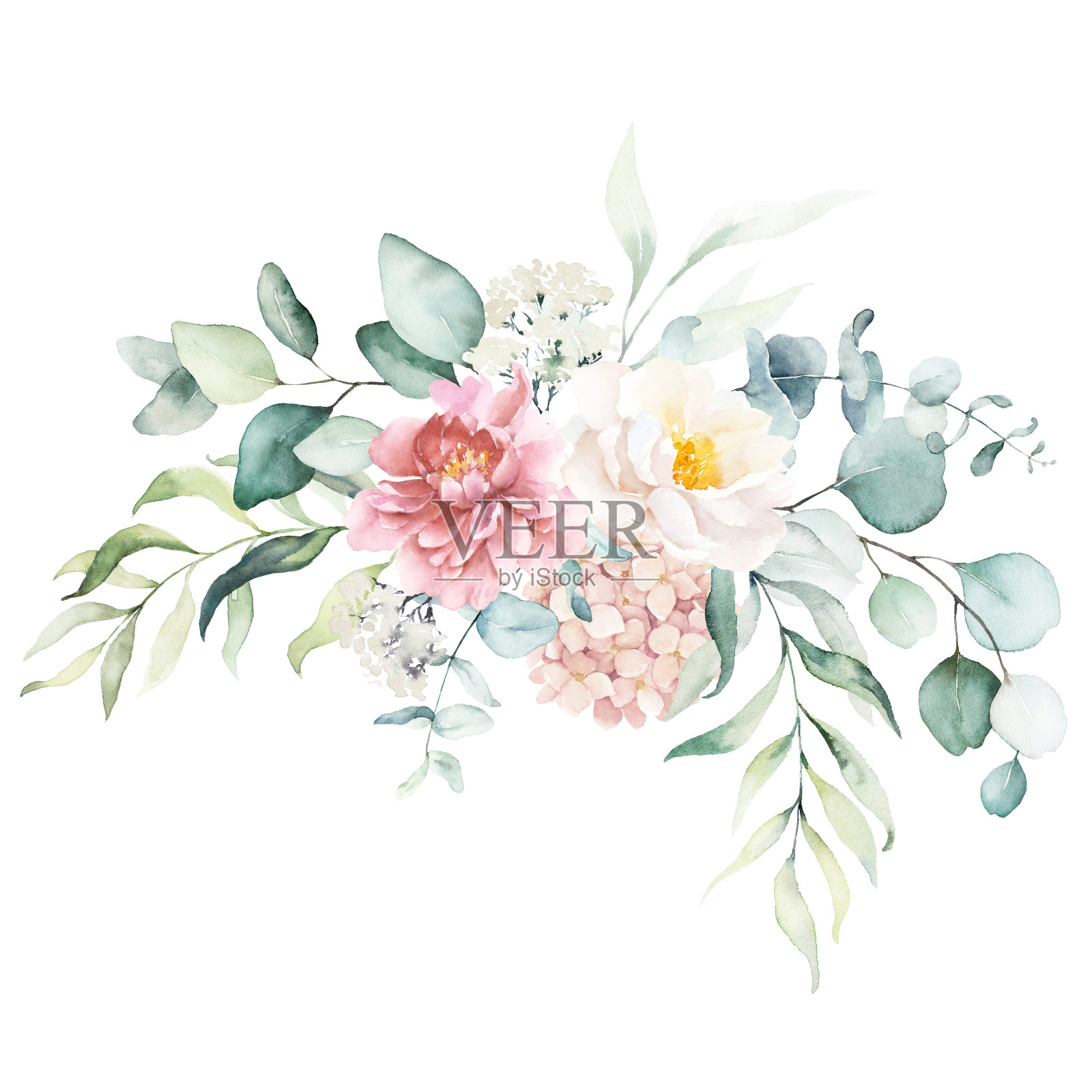 水彩花卉插图-花束桉树明亮的粉红色生动的花，绿色的叶子。插画图片素材