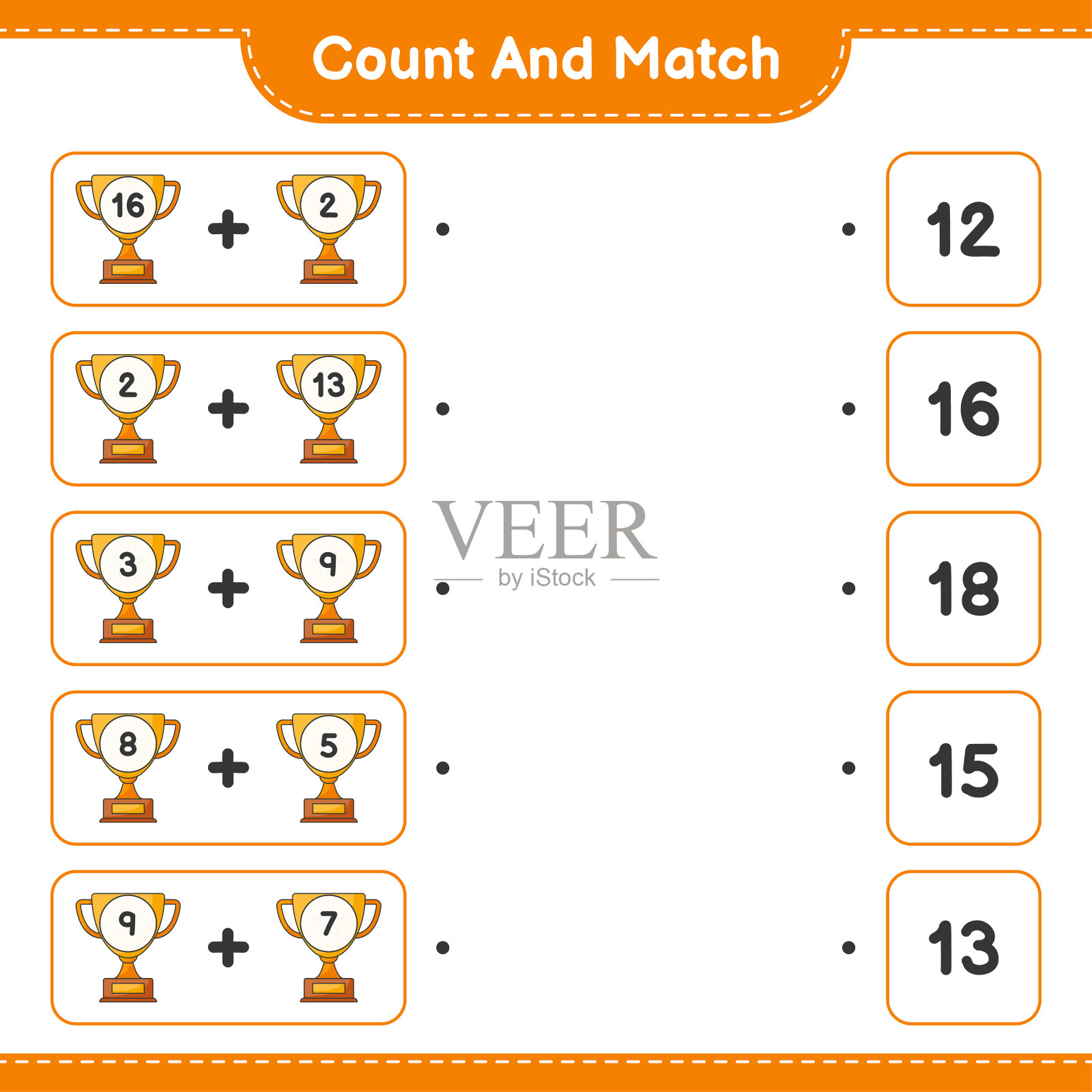 计算和匹配，计算奖杯的数量，并匹配正确的数字。教育儿童游戏，可打印的工作表，矢量插图插画图片素材