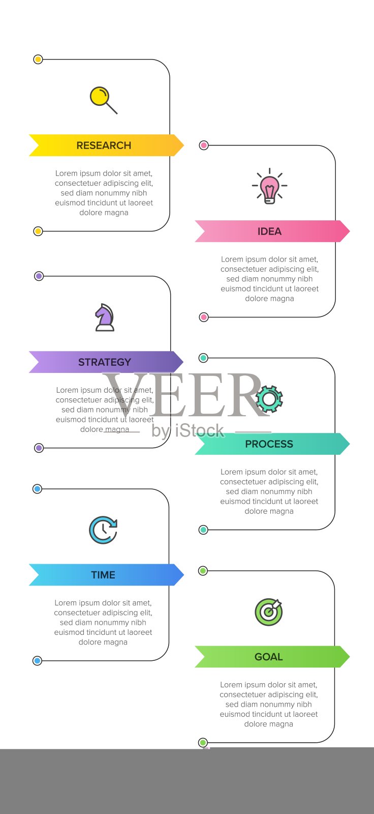 垂直信息图形设计与图标和6个选项或步骤。细线。信息图的业务概念。可用于信息图形、流程图、演示文稿、移动网站、印刷材料。插画图片素材