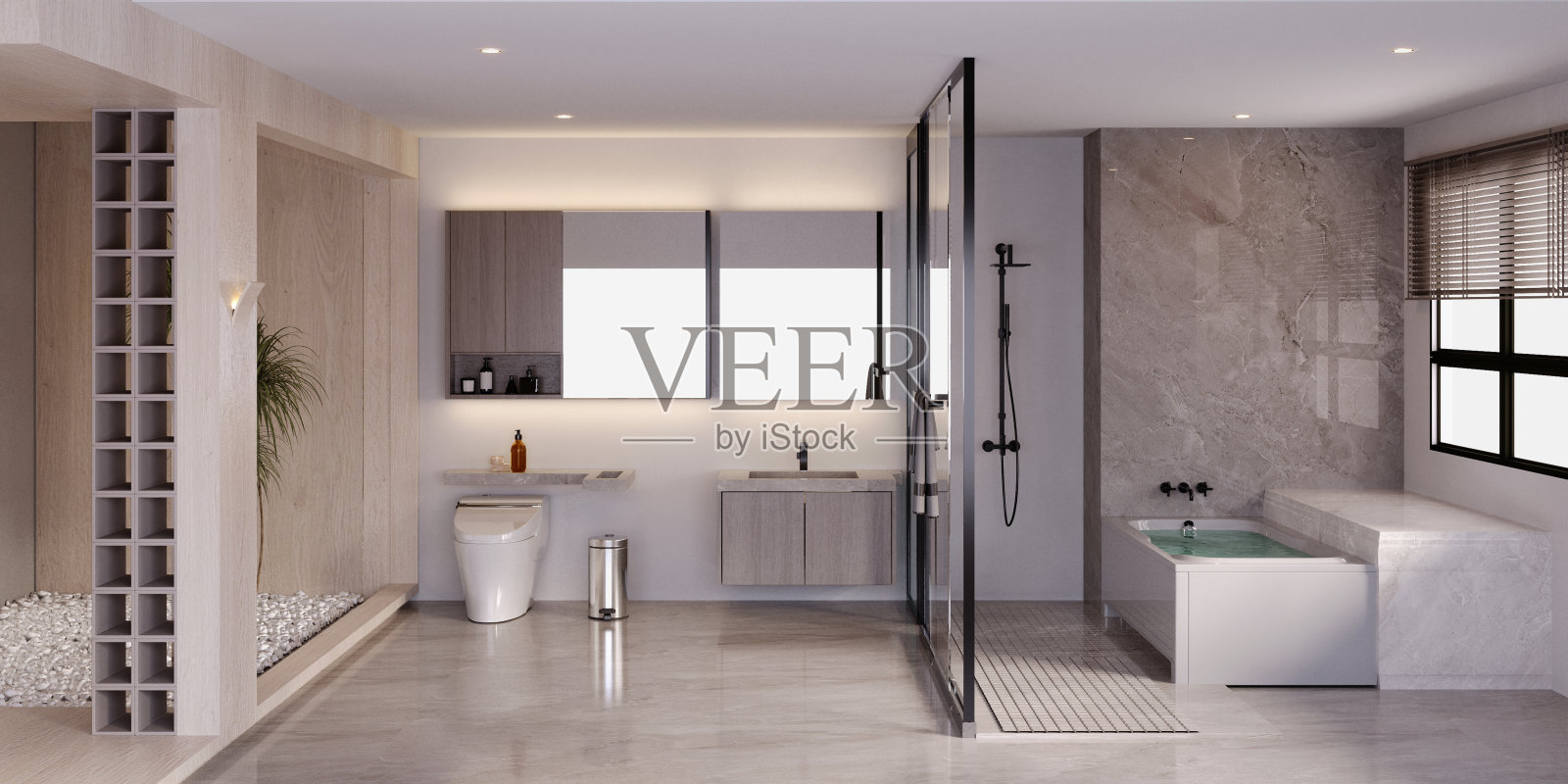 3d渲染，3d插图，室内场景和模型，浴室和花园视图3d渲染。照片摄影图片