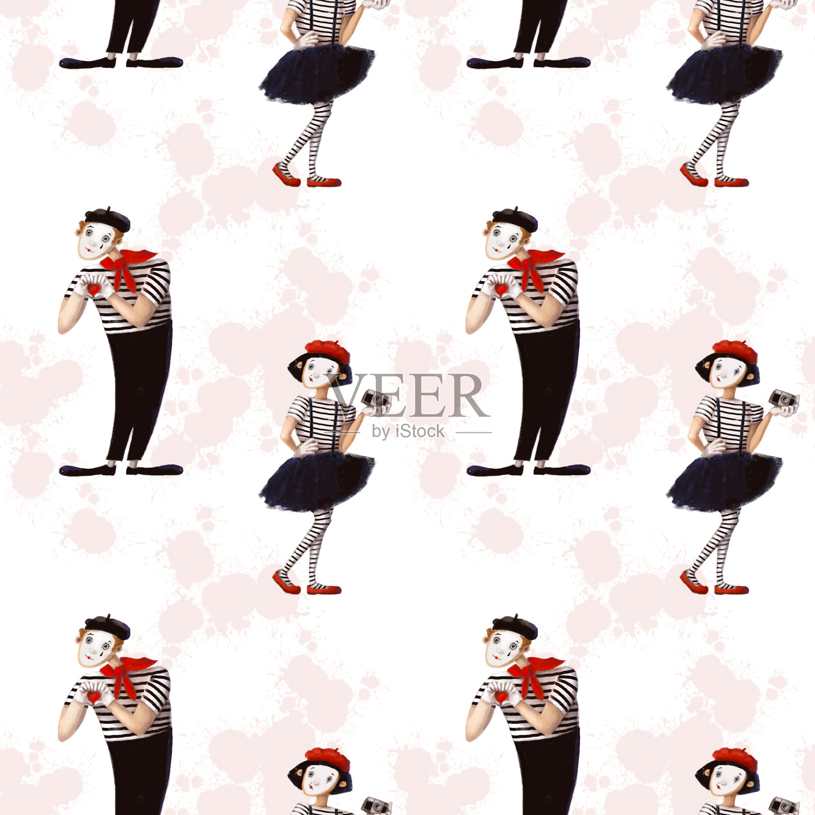 一对小丑哑剧天衣无缝的模式插画图片素材