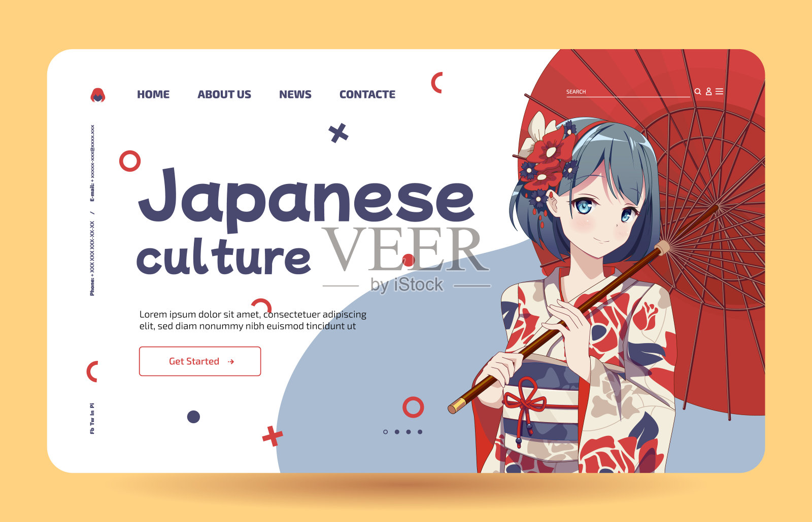 动漫女孩穿着传统的日本和服撑着伞。日本文化-登陆页面模板插画图片素材