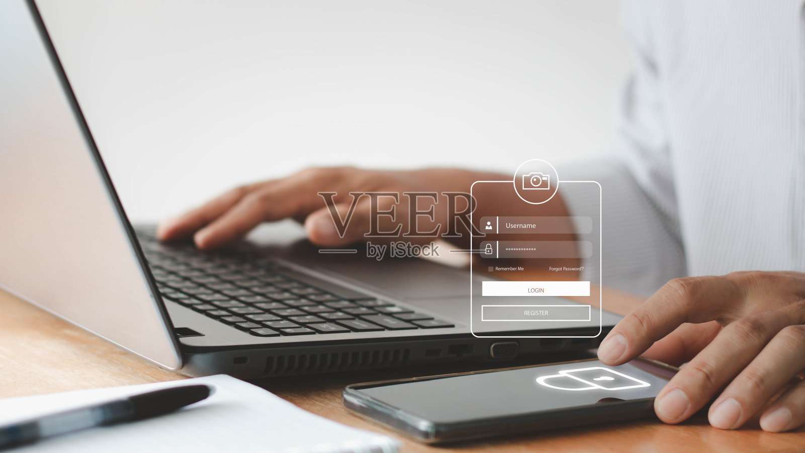 网络安全在两步验证，登录，用户，身份信息安全和加密，帐户访问应用程序安全登录或接收验证码通过电子邮件或短信。照片摄影图片