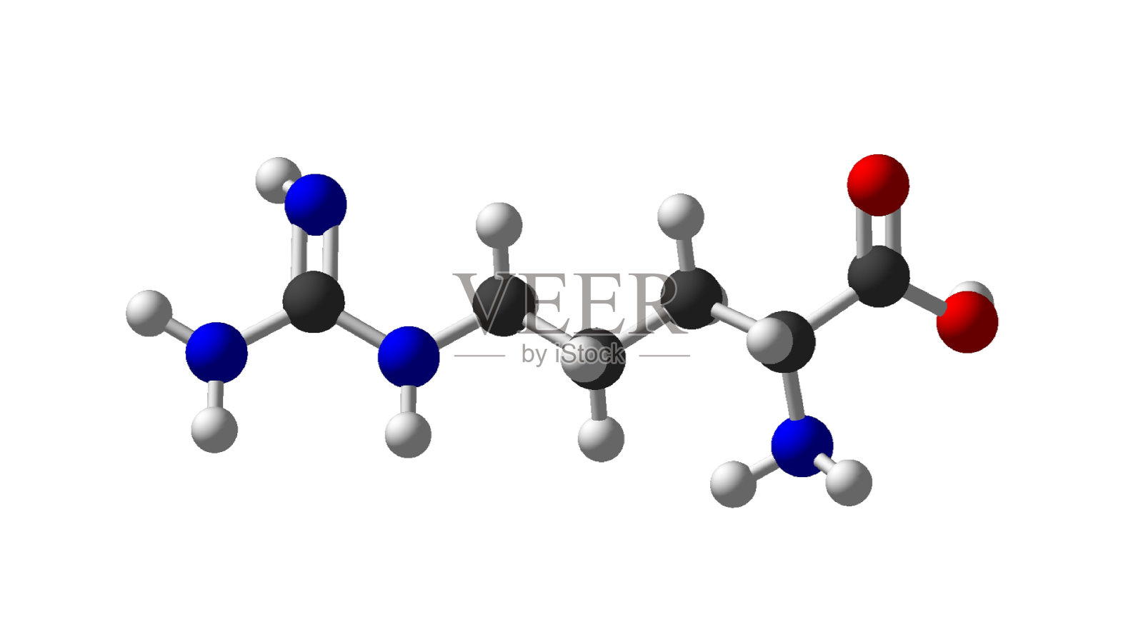 白色背景上精氨酸3D分子结构，化学原子分子照片摄影图片