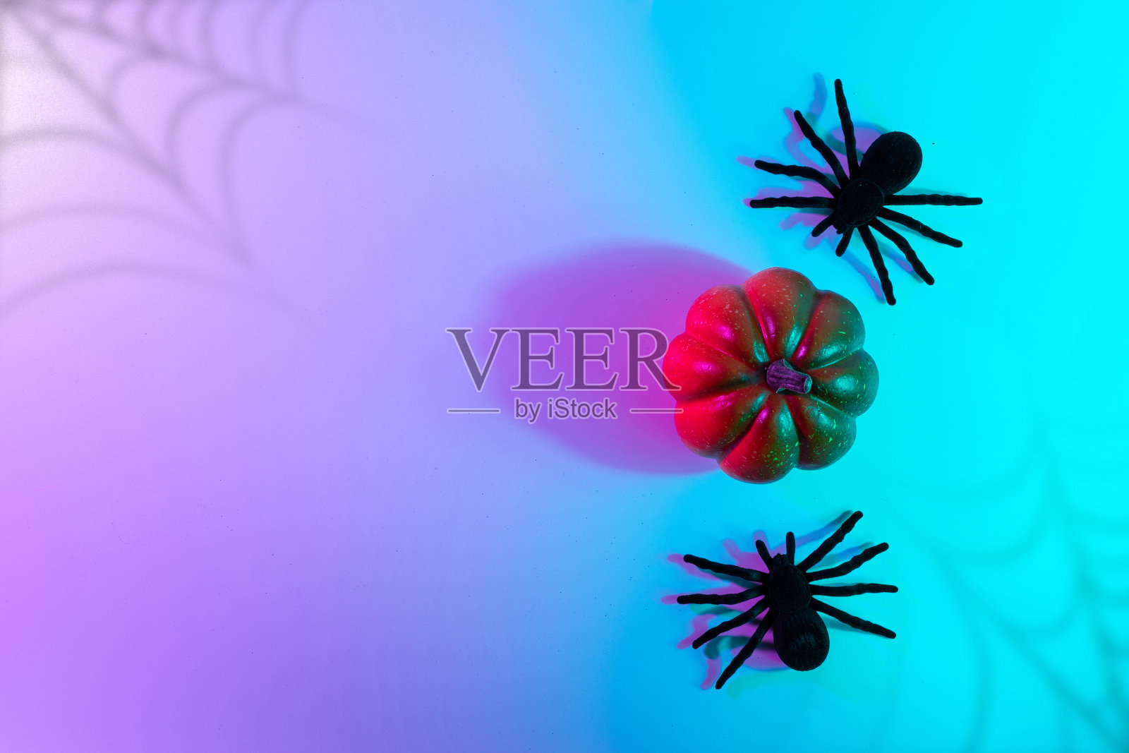 万圣节的设计。黑色的夜蜘蛛，可怕的幽灵南瓜夜霓虹灯的万圣节背景。万圣节快乐的概念。框架。拷贝空间，平铺。照片摄影图片