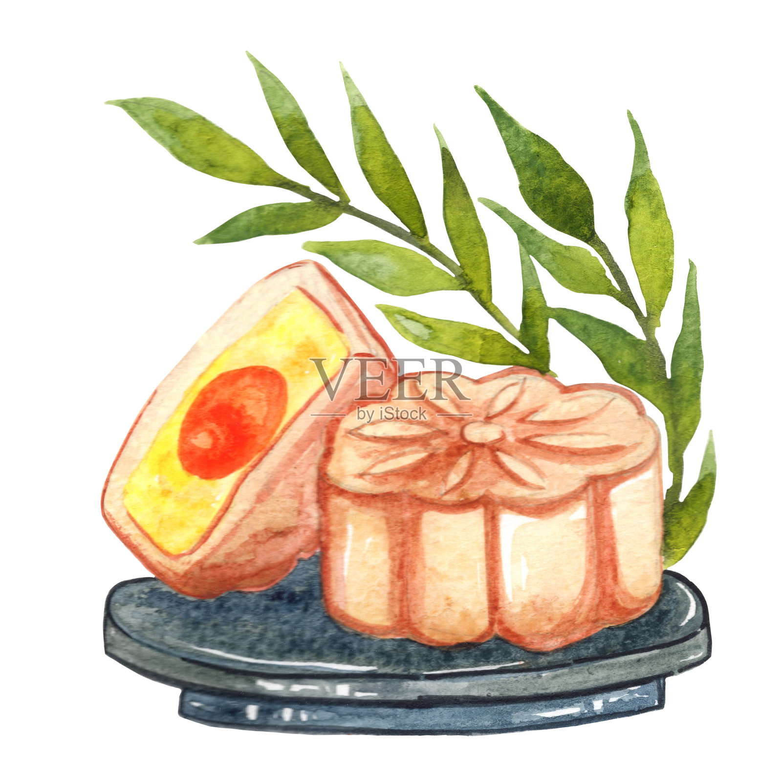 在中国文化中，中秋节用蕨菜叶盘月饼。插画图片素材