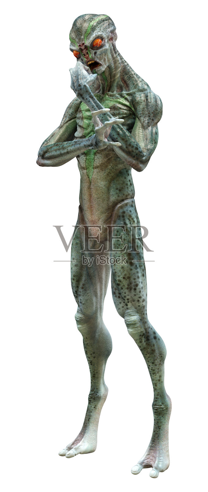 3D渲染绿色外星人在白色照片摄影图片