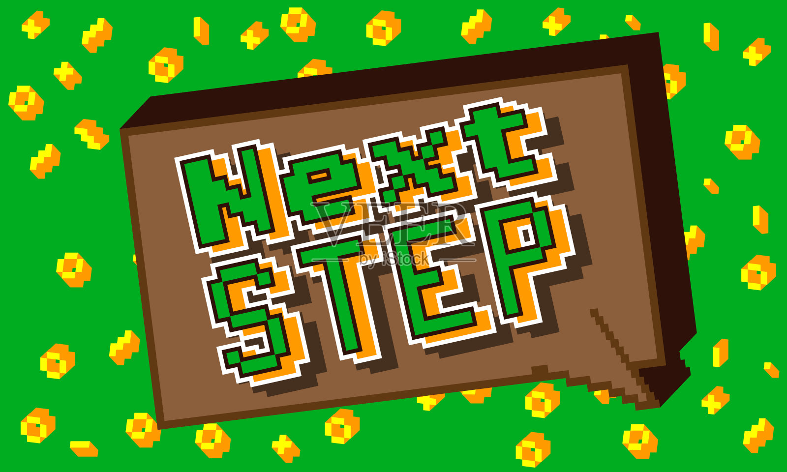 下一个步骤。像素字与几何图形背景。向量卡通插图。插画图片素材