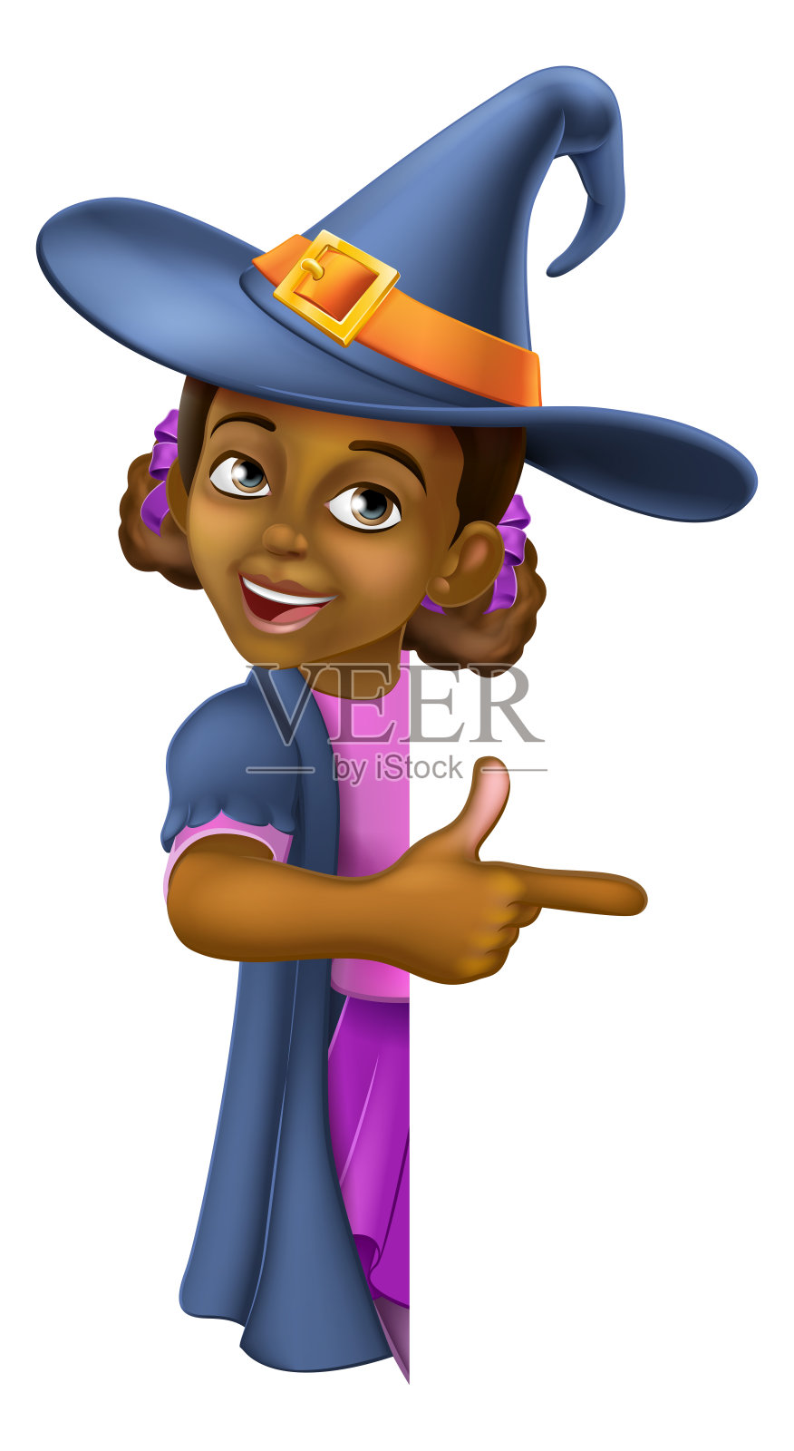 黑人女孩卡通孩子万圣节女巫标志插画图片素材