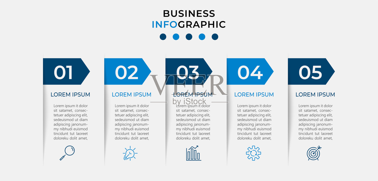 矢量信息图设计业务模板与图标和5个选项或步骤。可用于流程图、演示文稿、工作流布局、横幅、流程图、信息图插画图片素材