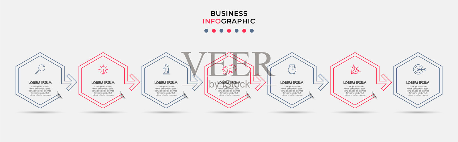 商业信息图表设计模板矢量图标和7个选项或步骤。可用于流程图、演示文稿、工作流布局、横幅、流程图、信息图设计模板素材