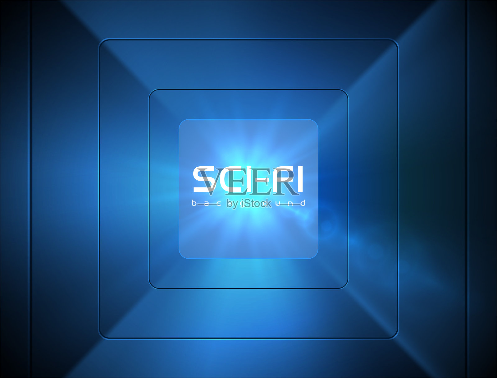 蓝色方形科幻透视太空星光隧道末端设计。矢量中心镜头耀斑光效应背景。蓝色大厅海报，科技横幅。抽象几何技术背景插画图片素材