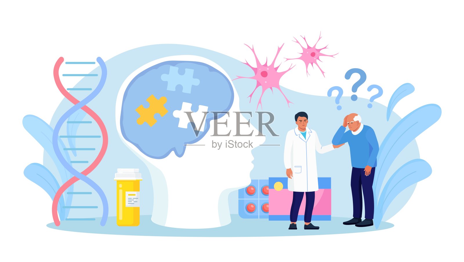 老年患者因阿尔茨海默病、失忆症而痛苦，寻求医疗帮助。记忆力丧失，脑部疾病治疗。阿尔茨海默病，痴呆，衰老。神经内科，精神治疗插画图片素材