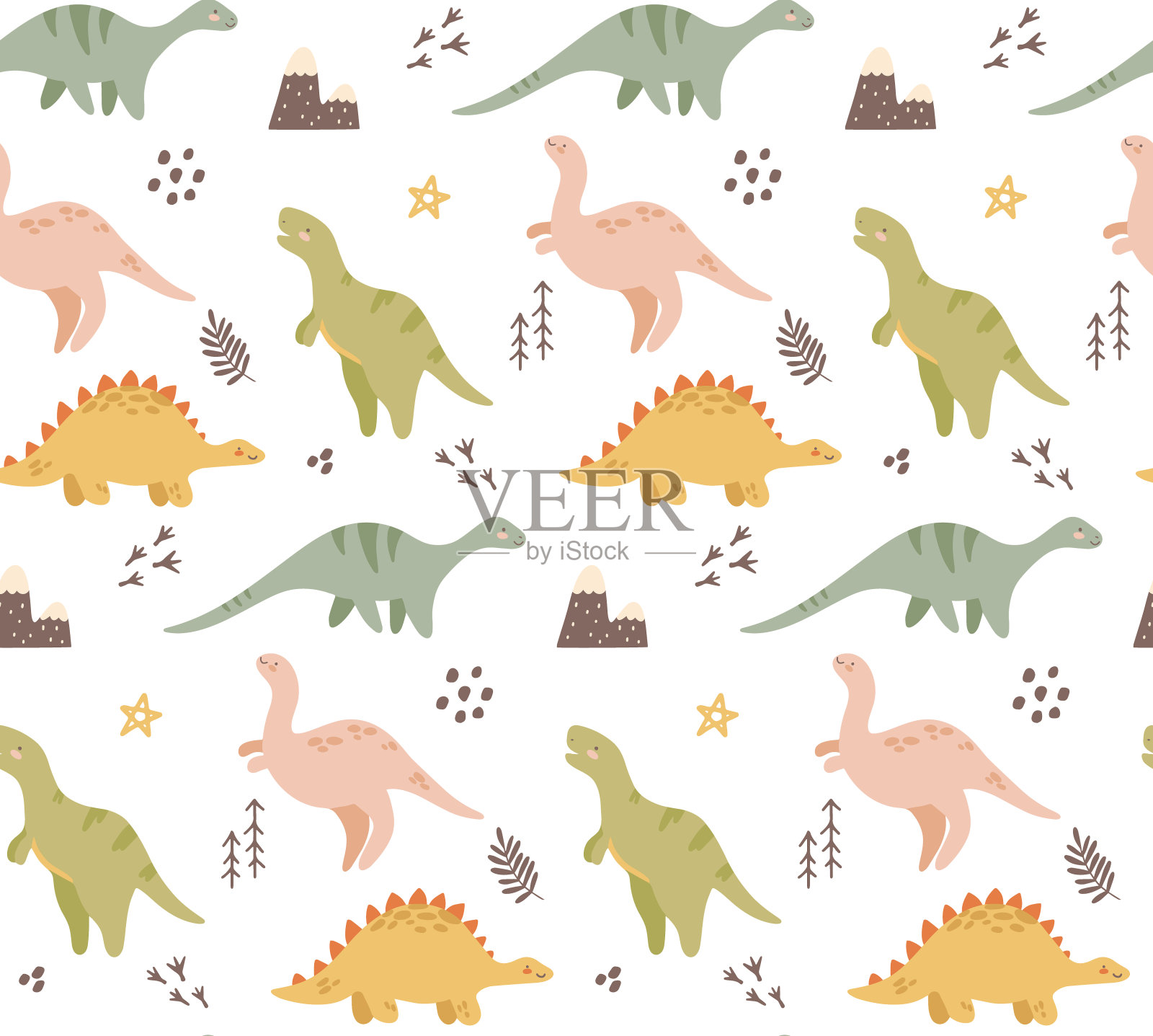 矢量彩色的孩子气图案与可爱的恐龙和热带棕榈树。北欧墙画，卡通背景。孩子们用可爱的恐龙、树叶、山脉来打印。服装、纺织、墙纸。插画图片素材