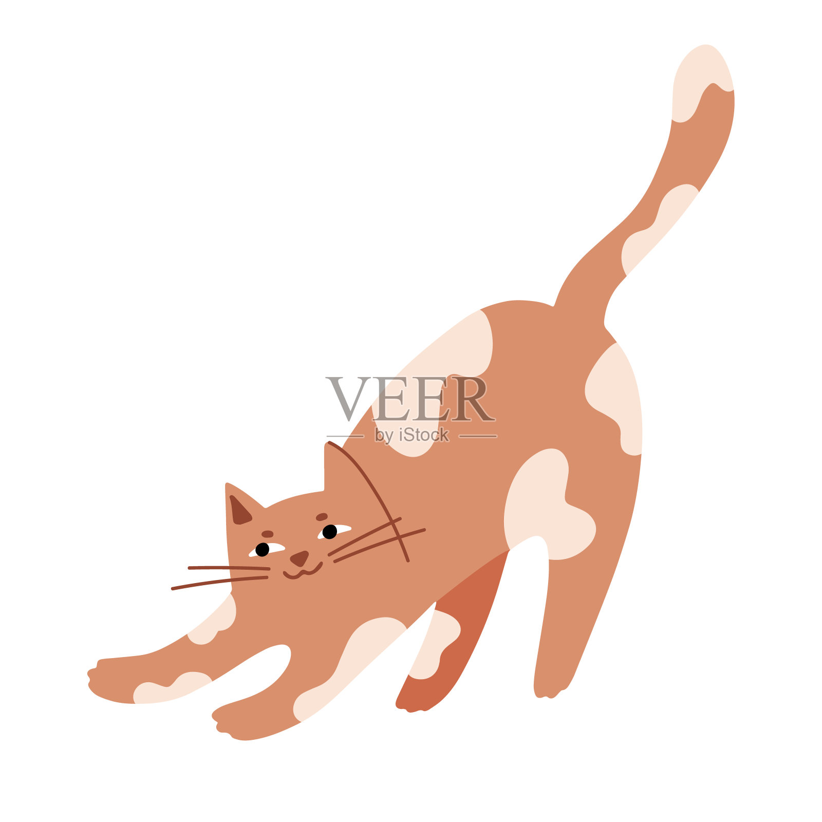 可爱的卡通猫伸展身体。快乐有趣的猫。可爱的小猫微笑。有趣的动物，家猫。可爱的小猫。平面矢量插图孤立在白色背景上插画图片素材