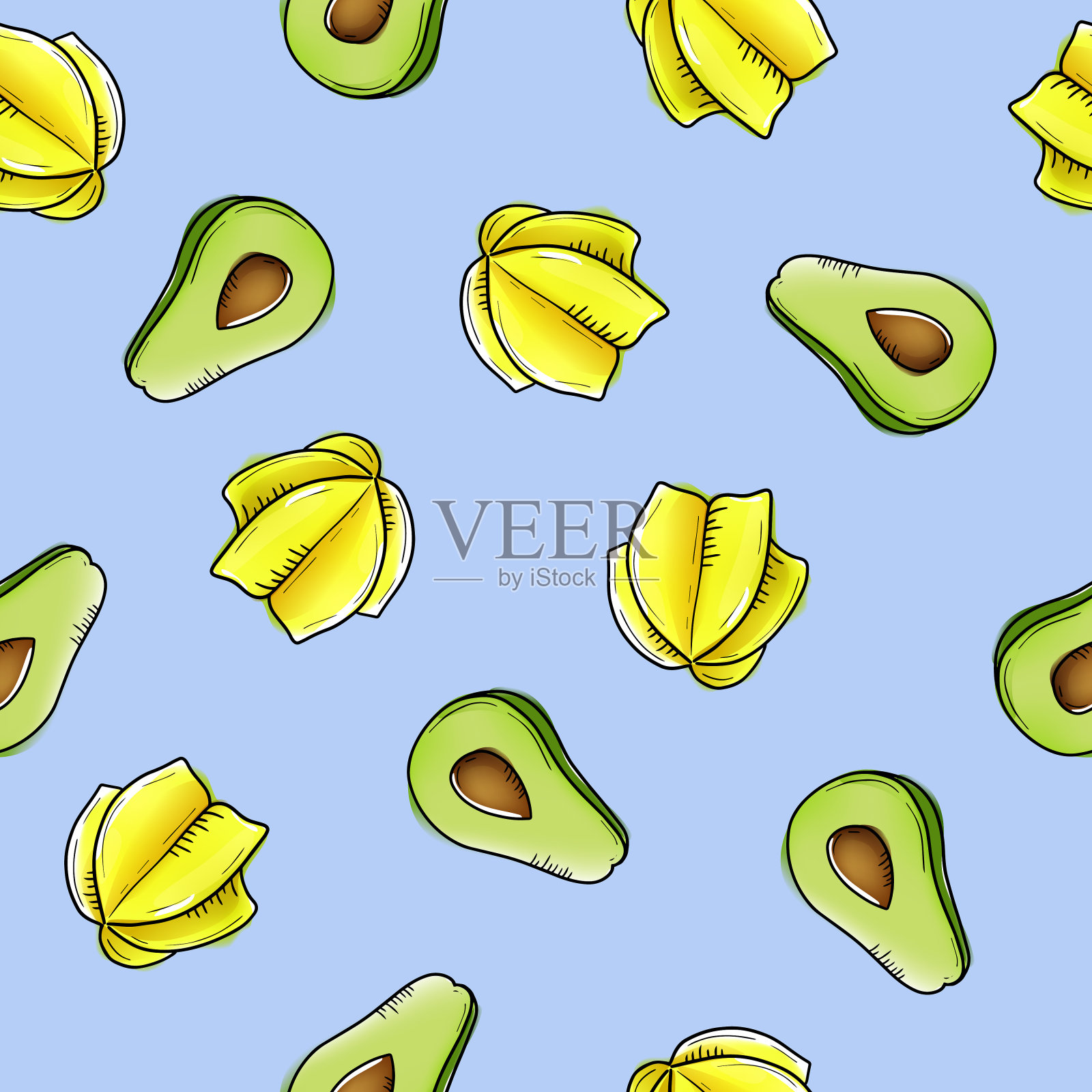 矢量无缝模式，杨桃和牛油果水彩风格与黑色轮廓插画图片素材