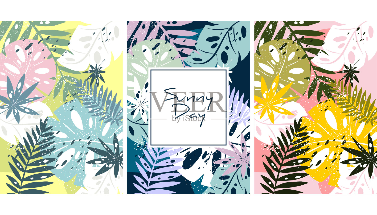 热带丛林的树叶图案。彩色手绘热带海报设计。异国情调的叶子艺术版画。创意植物背景，墙纸，织物矢量，插图设计插画图片素材