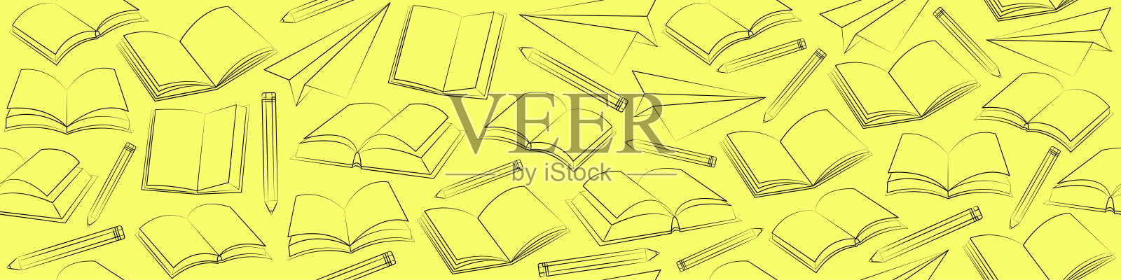 横幅为网站在黄色与轮廓书籍和铅笔的颜色插画图片素材
