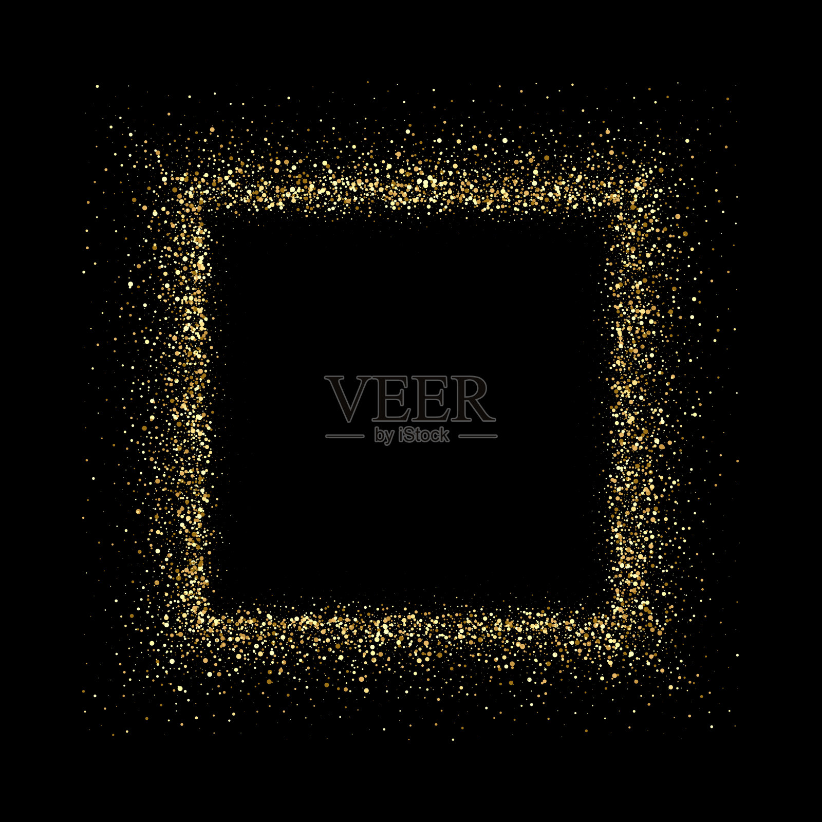 方形镜框，金光闪闪。在黑色背景上分离出媒介金粉。模板明信片，婚礼邀请，节日海报和传单。插画图片素材