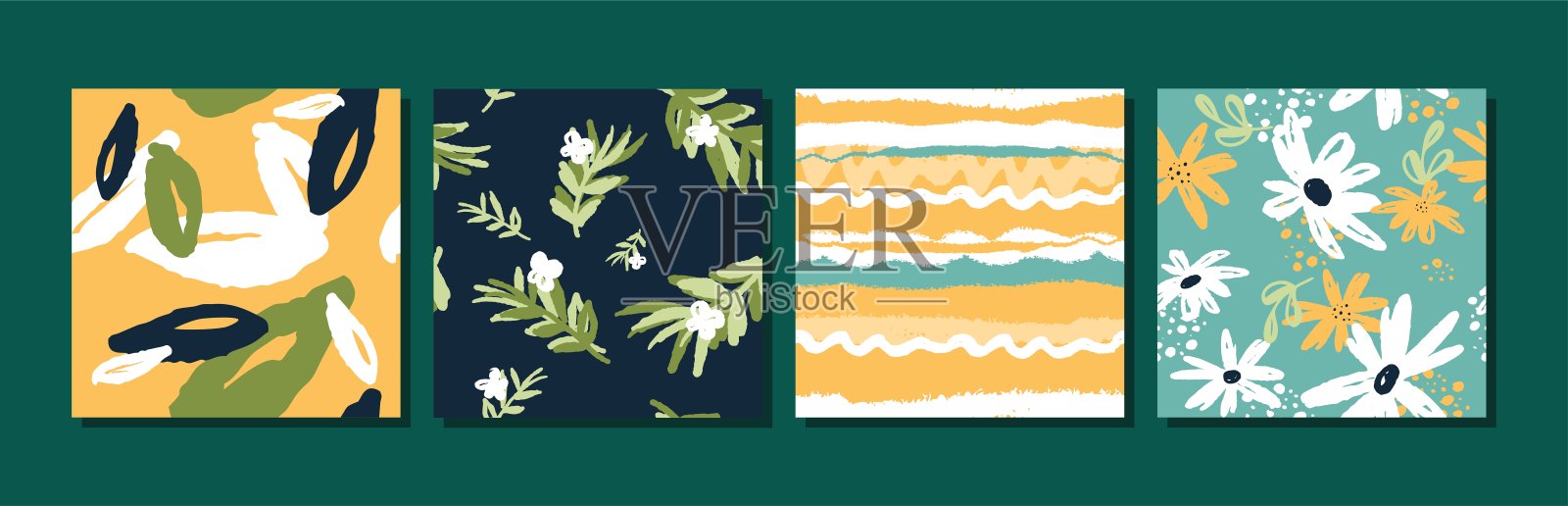 一套抽象的花卉无缝图案与花和叶子。时尚手绘纹理。现代抽象设计适用于纸张、封面、织物等用户插画图片素材