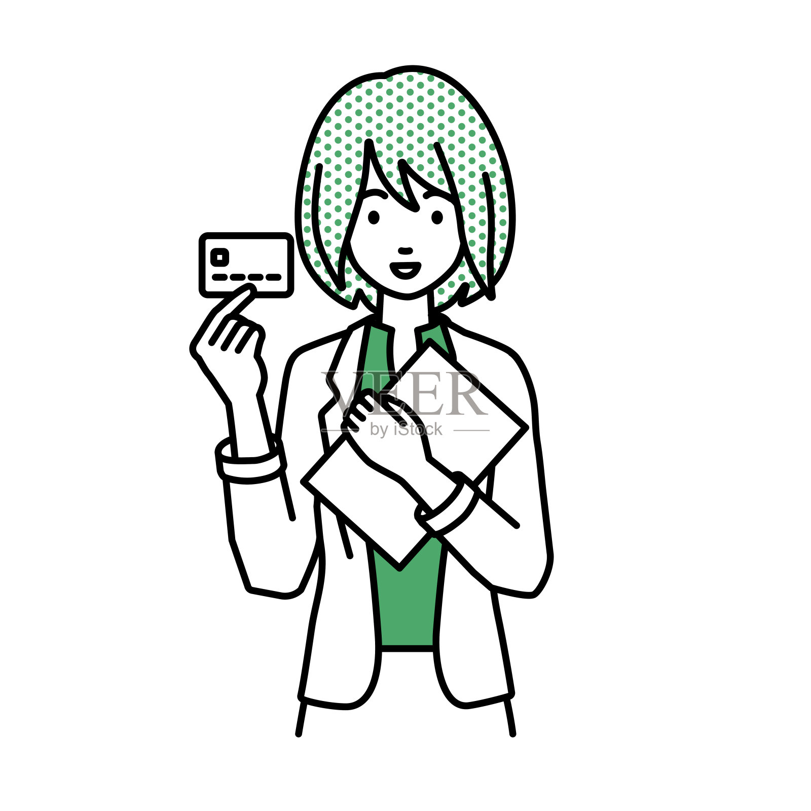 一个穿着工作夹克的女人拿着一张信用卡和一台文件笔记本电脑插画图片素材