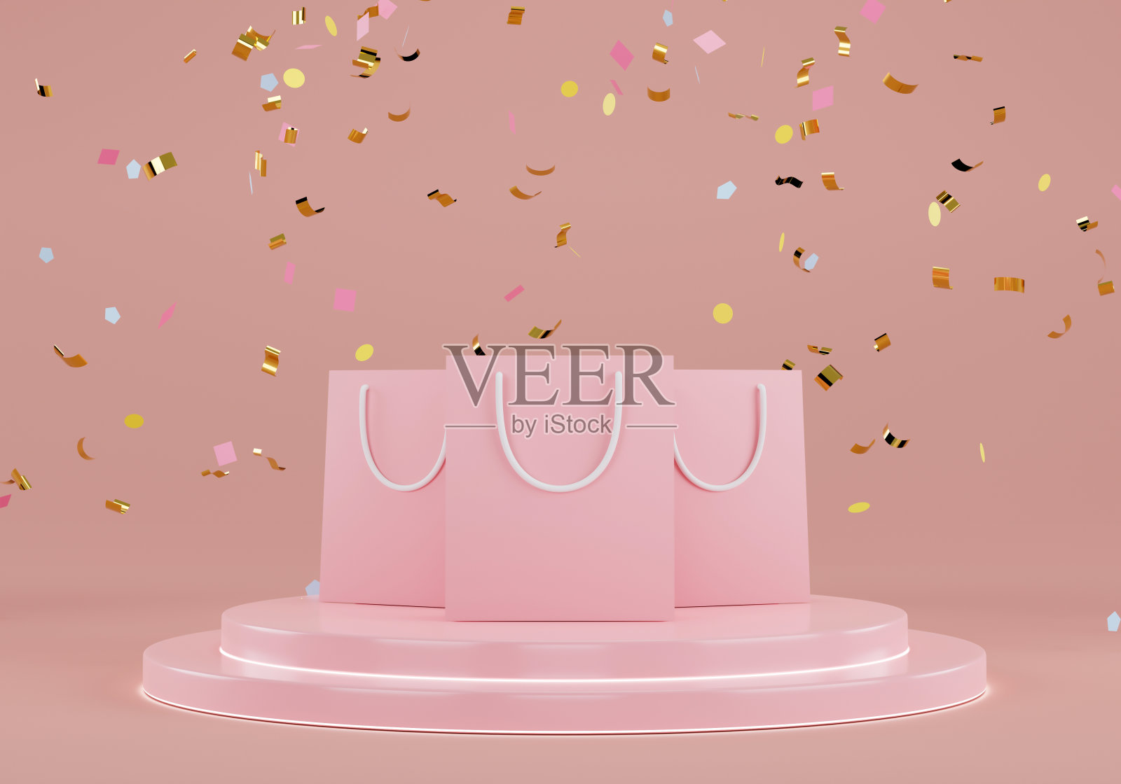 3 d演示。在展示架上，有一个粉红色的购物袋。照片摄影图片