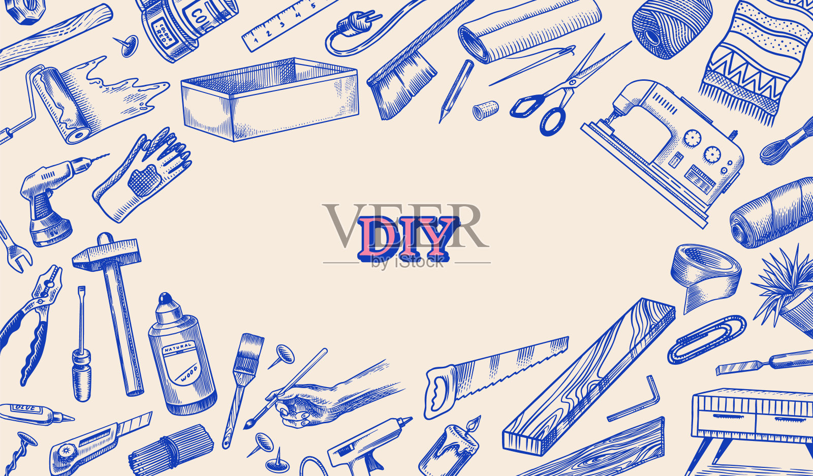 DIY的背景。硬件商店的概念。胶水、木板、缝纫机。家庭装修用的工具或仪器。横幅海报模板。做你自己。雕刻涂鸦复古手绘素描。插画图片素材