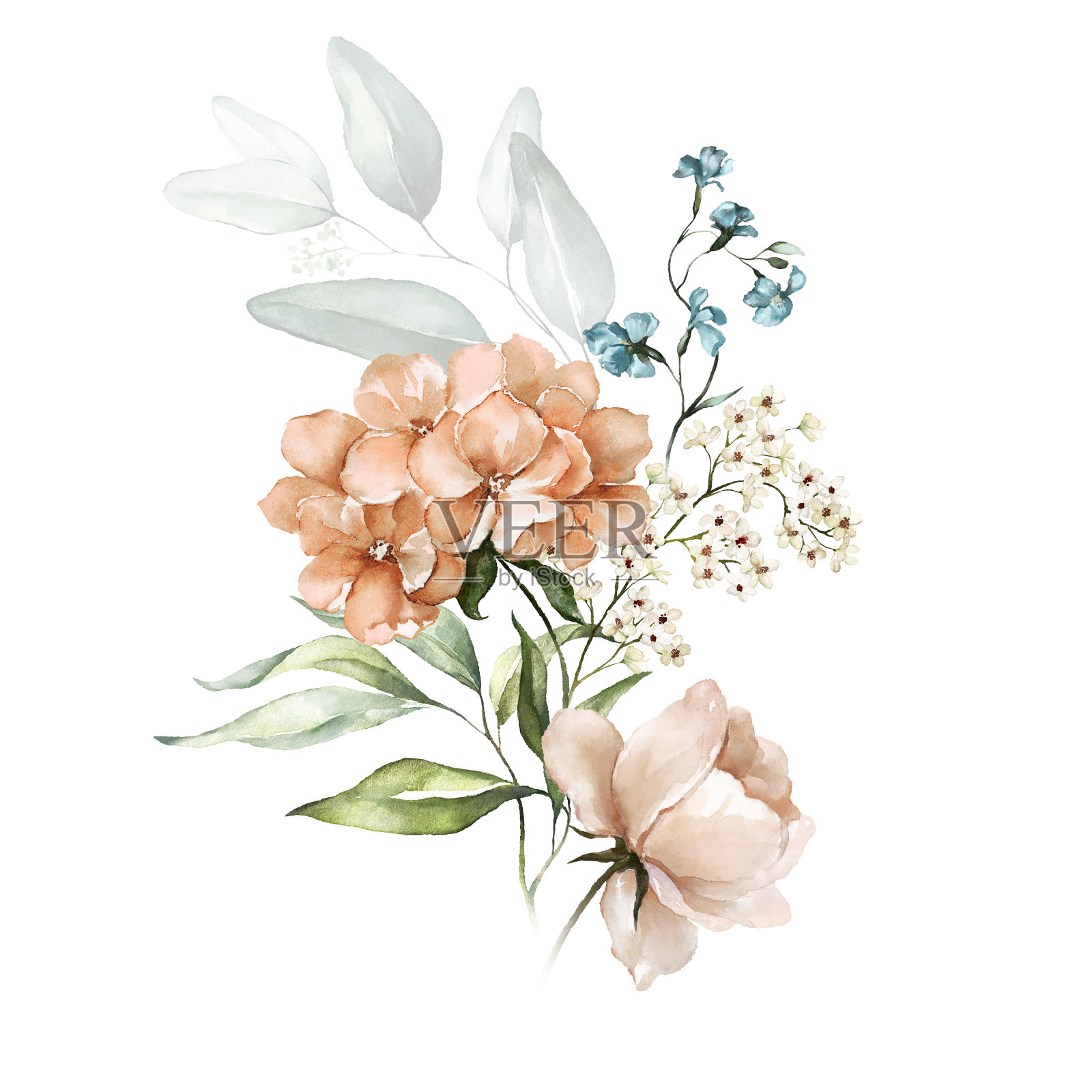 水彩花束-插图与腮红粉红色，红色，黄色，橙色，白色，蓝色，黄色鲜艳的花朵，绿色的叶子。插画图片素材