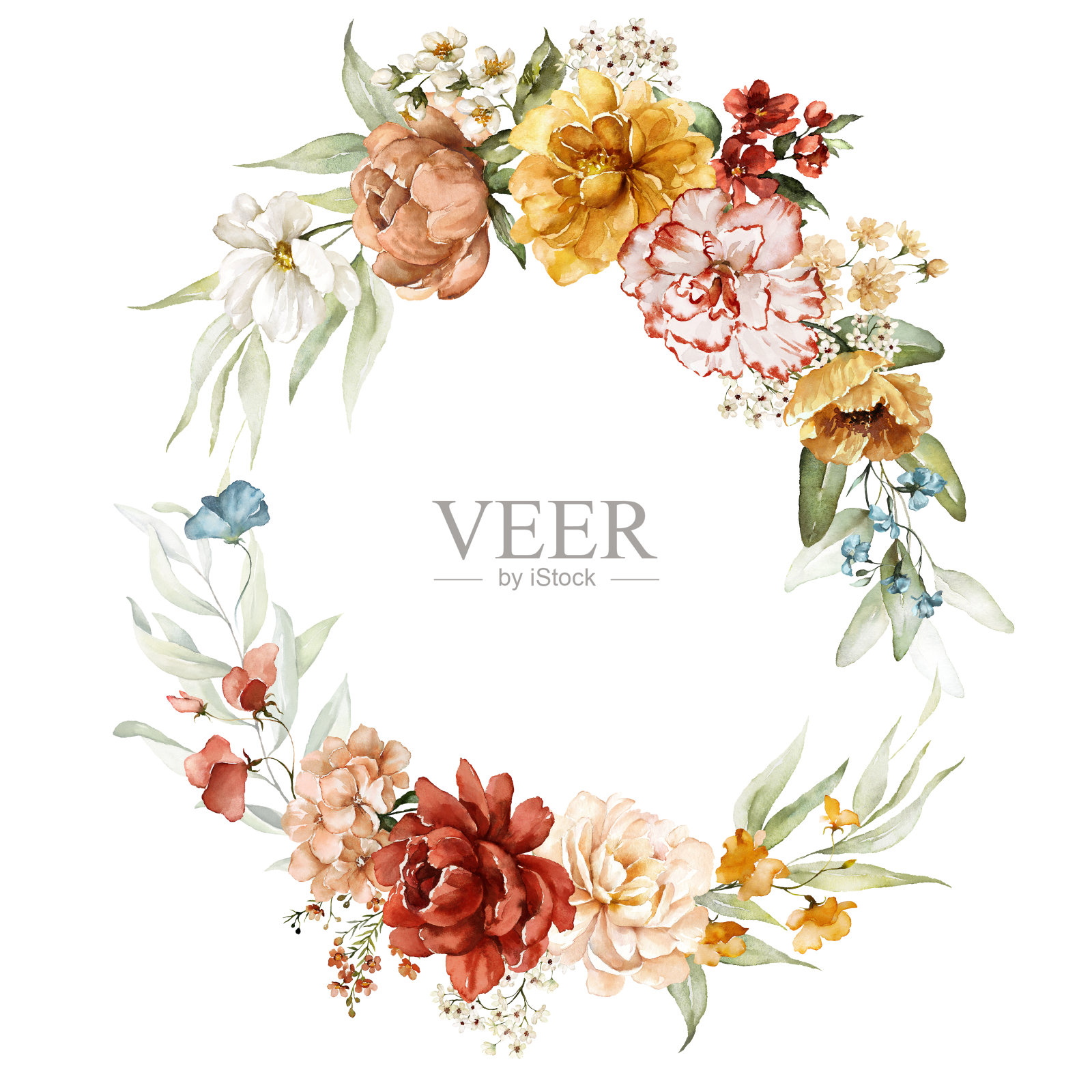 水彩花圈插图以腮红、粉色、蓝色、橙色、白色、红色、黄色生动的花朵，绿色的叶子。插画图片素材