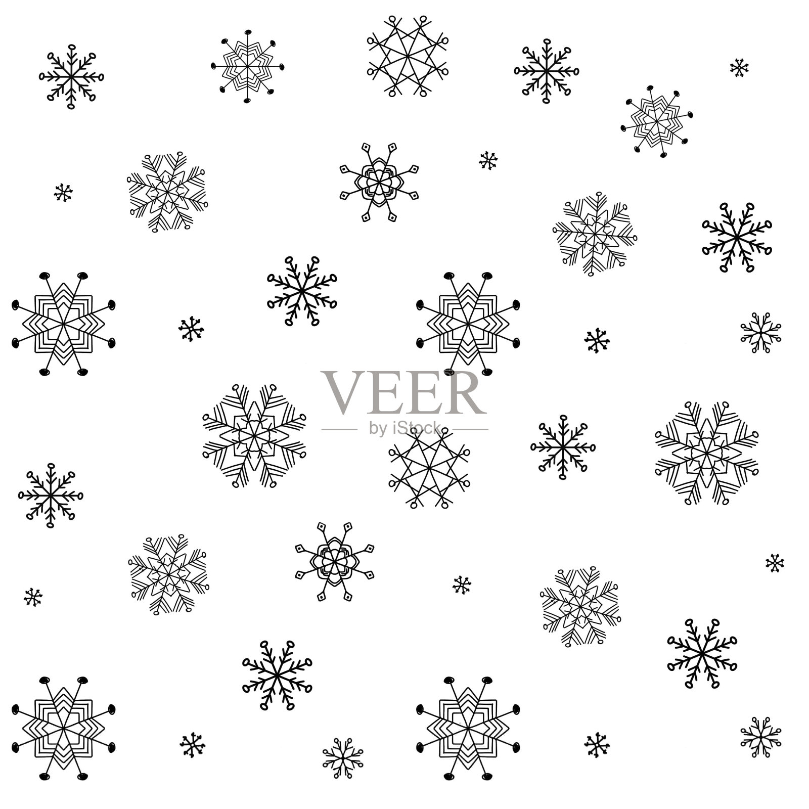 集雪花形状、雪纹理于一体的黑白无缝图案。可爱的降雪背景插画图片素材