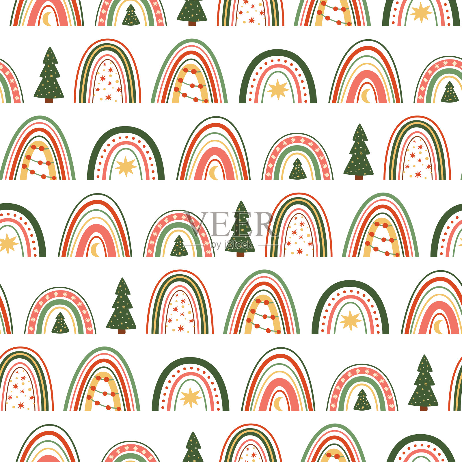圣诞节彩虹模式。圣诞彩虹壁纸，传统的绿色彩虹，冷杉树装饰无缝背景。新年涂鸦彩虹冬季节日庆祝。矢量图插画图片素材