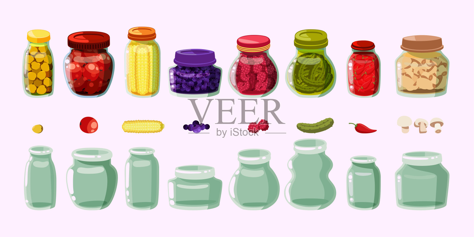 空的和完整的腌渍产品罐子卡通插图集插画图片素材