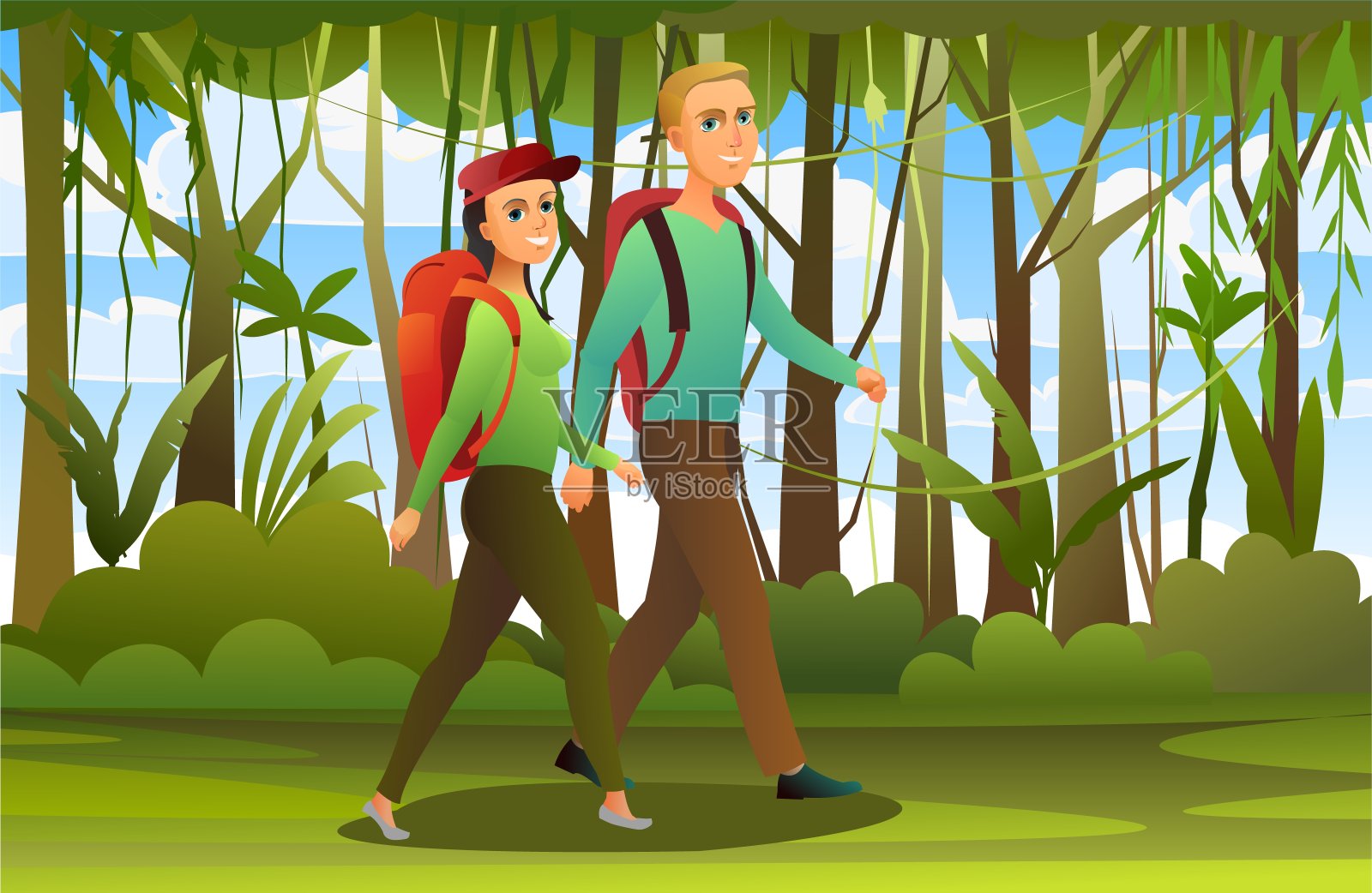 带着背包和行李箱的游客。散步和微笑穿过可爱的森林和丛林。男孩和女孩或丈夫和妻子。向量。插画图片素材