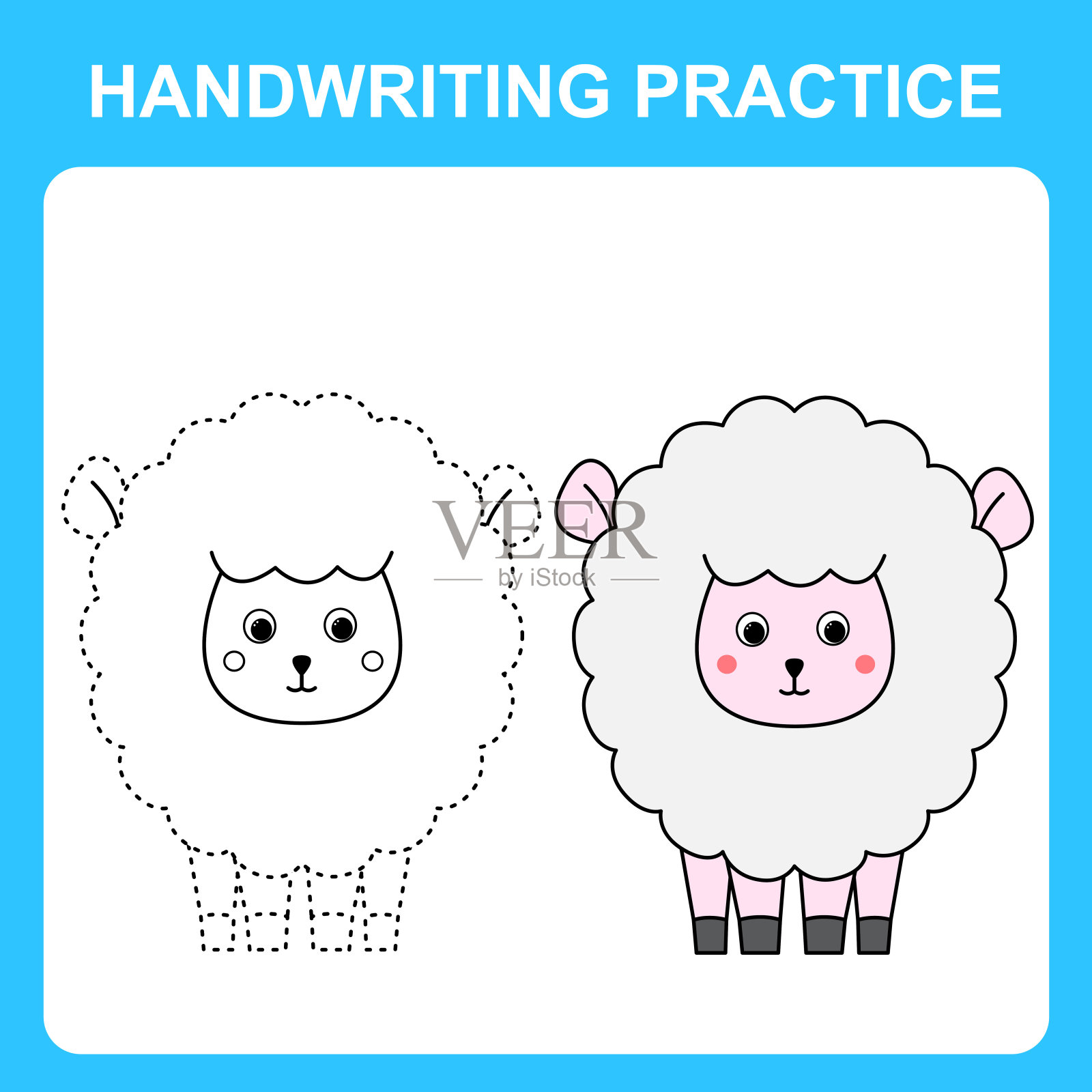书法练习。画线并给羊上色。教育孩子的游戏，着色板，打印工作表。矢量图插画图片素材