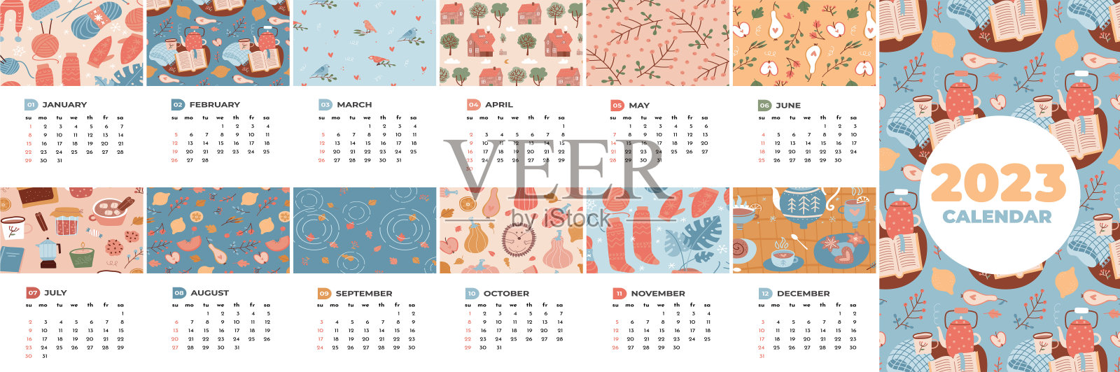有12个月的2023年日历。垂直设计模板。四季自然可爱惬意的图案。自然的心情。矢量插图在平面卡通风格。从周日开始。设计模板素材