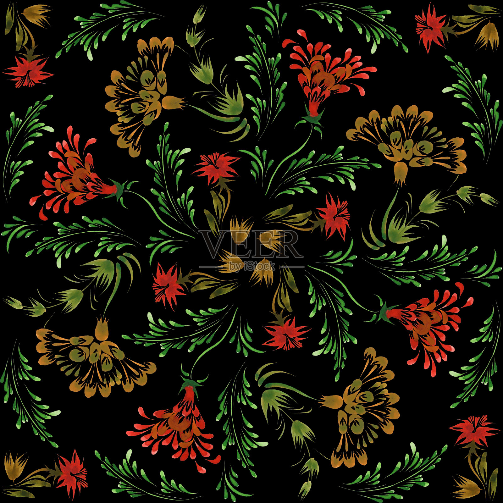 乌克兰民间绘画风格Petrykivka。花卉水彩无缝图案从红色的花朵，棕色和绿色的叶子在黑色的背景插画图片素材