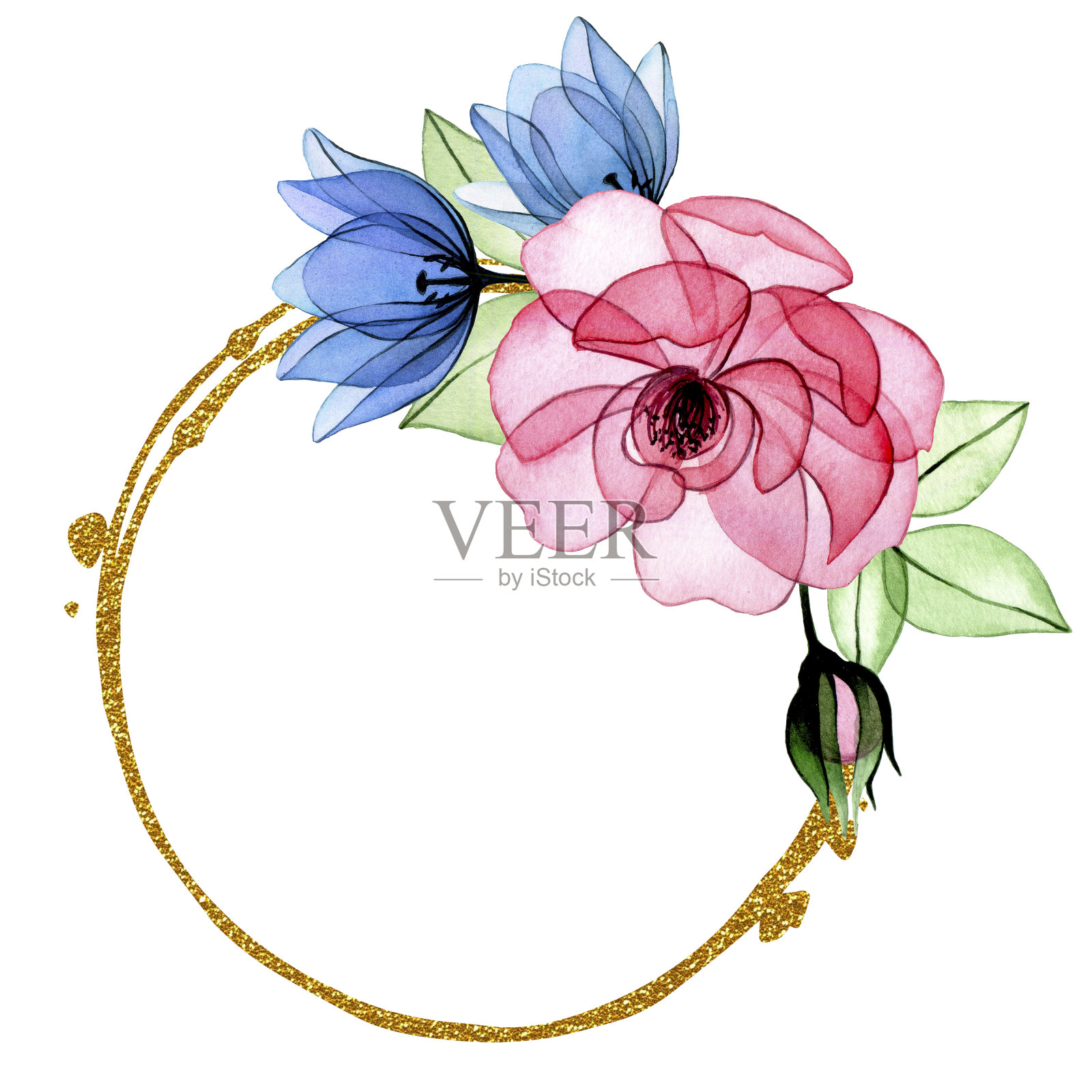 水彩绘画。金色的镜框，透明的花环和玫瑰的叶子。粉色玫瑰x射线插画图片素材