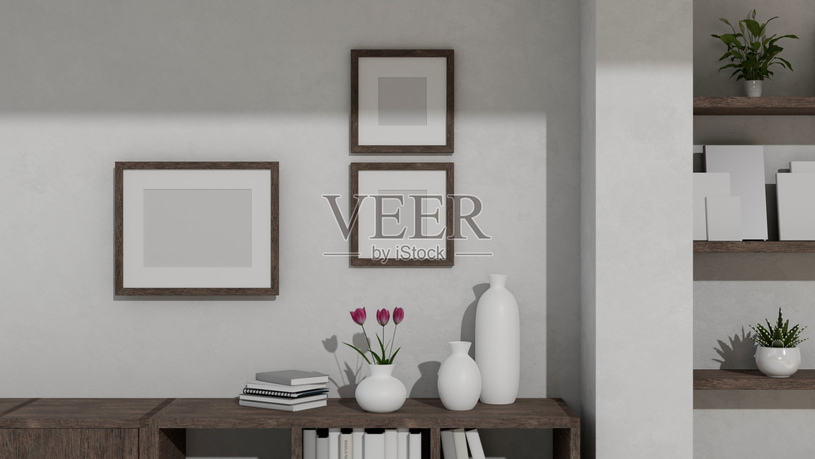 复制空间在木制低柜靠白墙与空白的相框模型照片摄影图片