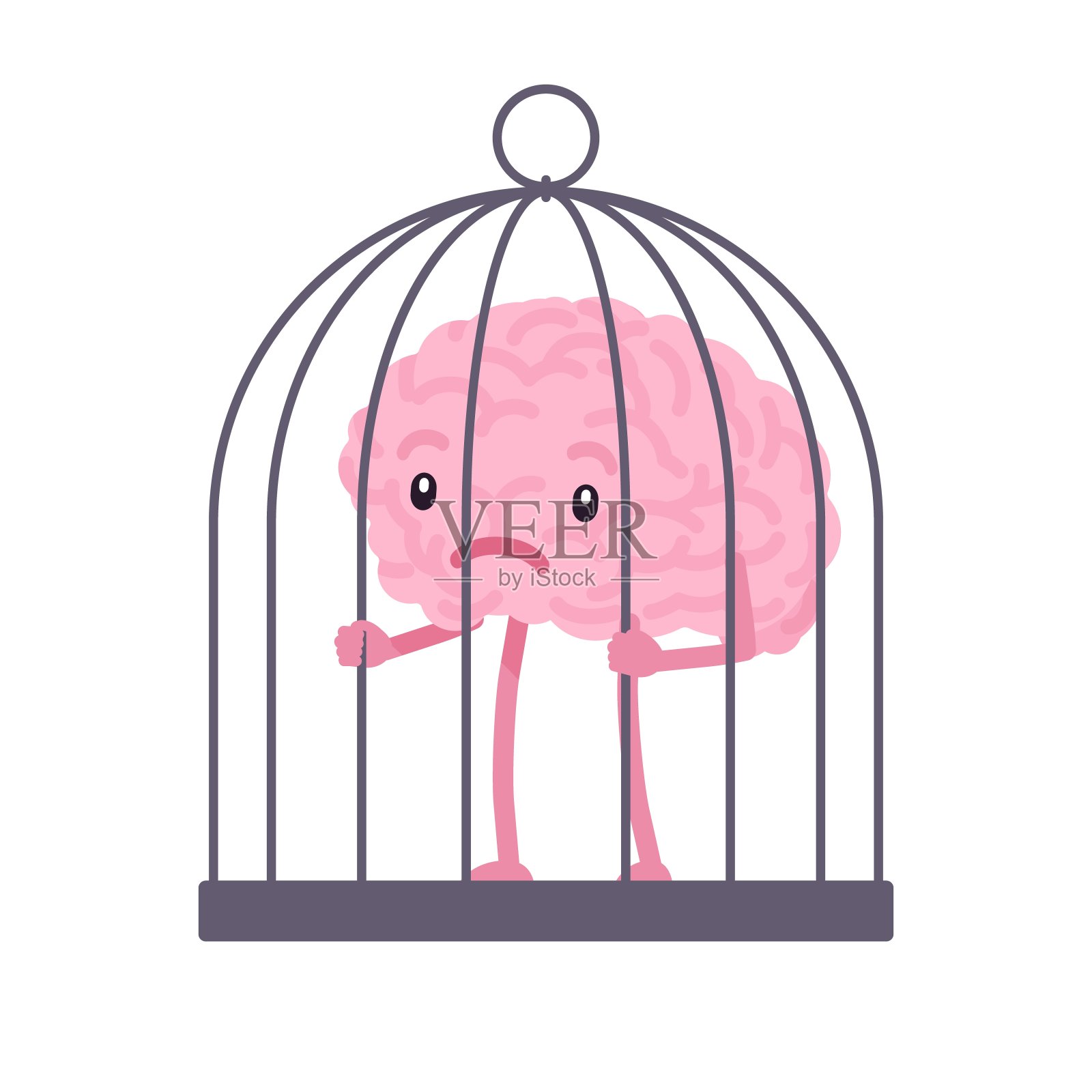 人脑可爱的角色被困在笼子里插画图片素材